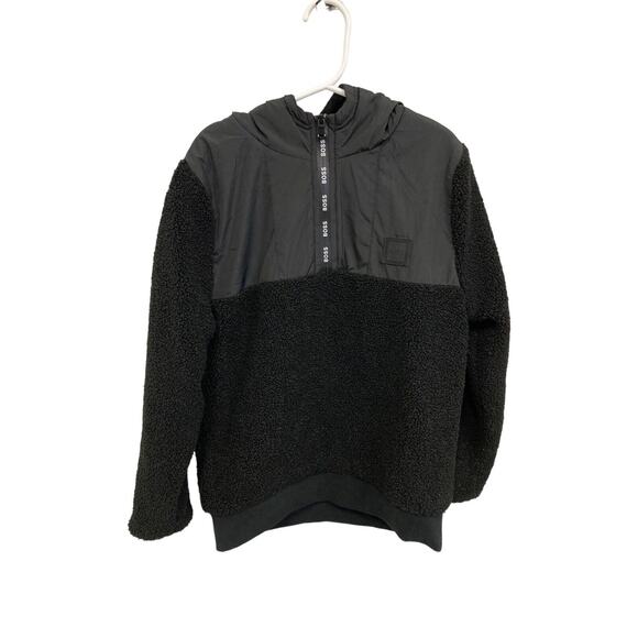 HUGO BOSS Boys Black Faux Fur Shearling Hooded Logo Sweatshirt Jacket Size 10 - Picture 2 of 7